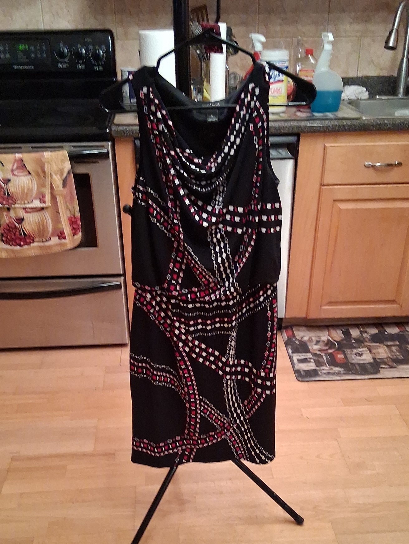 White House Black Market Black Midi Dress With Red & White Chain Print
